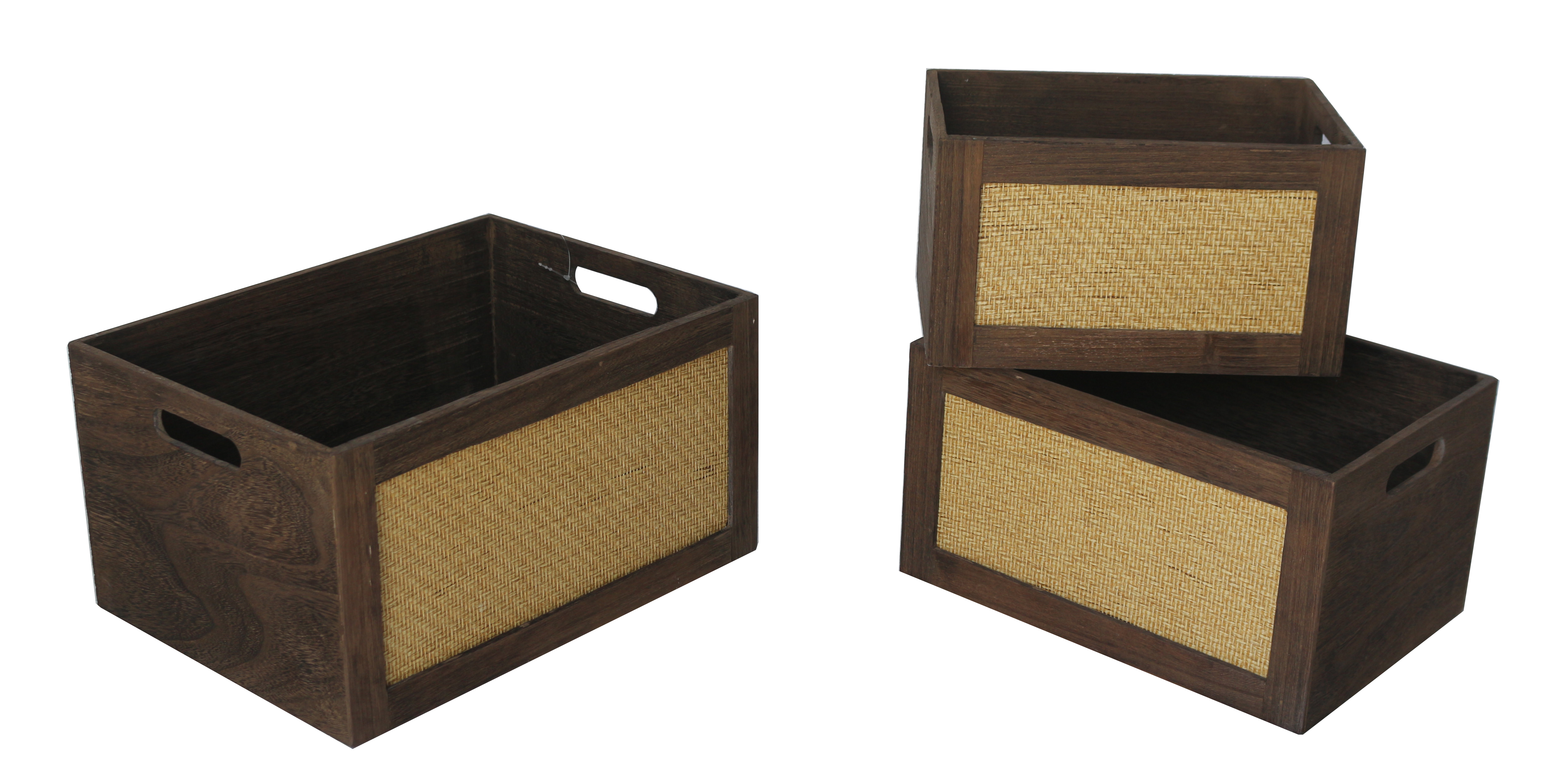 set of 3 wooden basket with rattan front