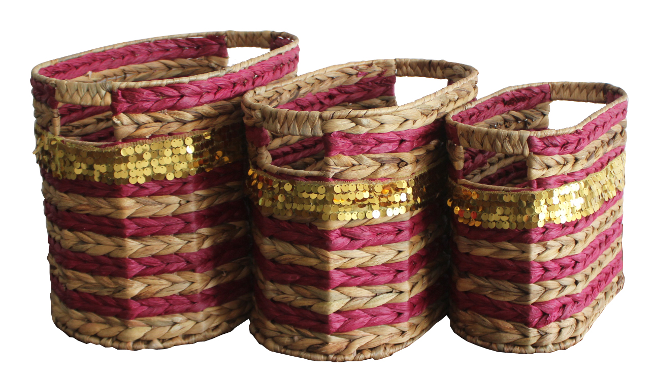 set of 3 woven basket with golden ornament